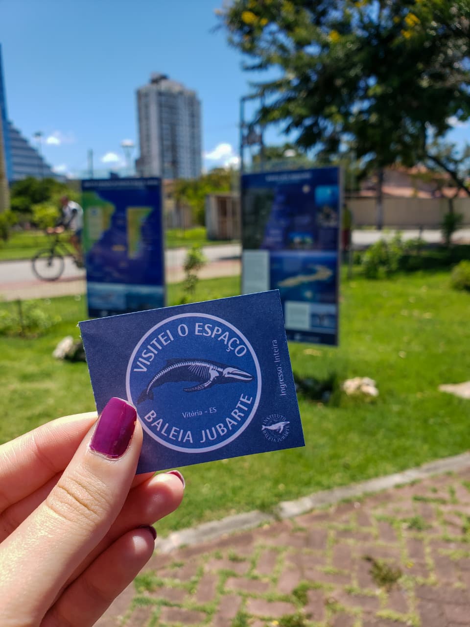 Ingresso azul do Espaço Baleia Jubarte de Vitória, localizado na Praça do Papa, com céu azul, espaços verdes e prédio no fundo